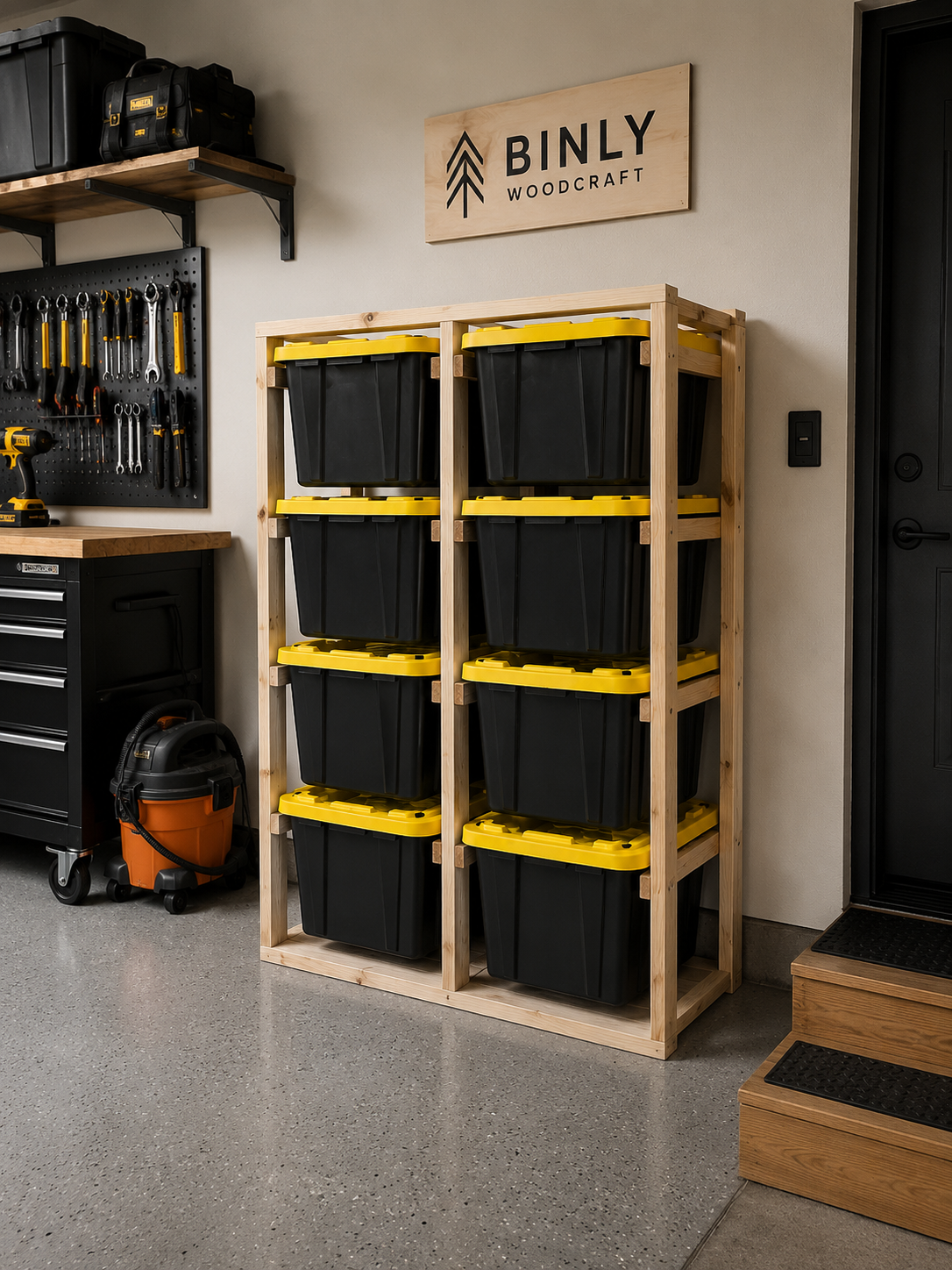 Binly Woodcraft Tote Shelf with black storage bins and yellow lids in a garage entry