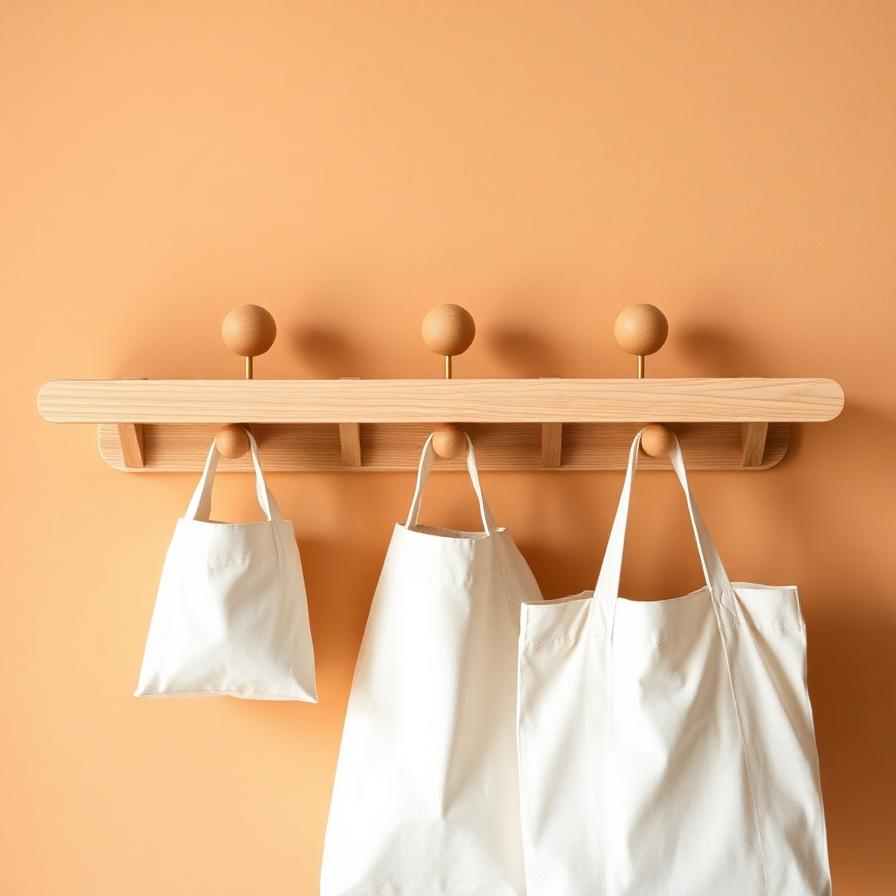 Three-peg white oak entry rail with canvas tote bags