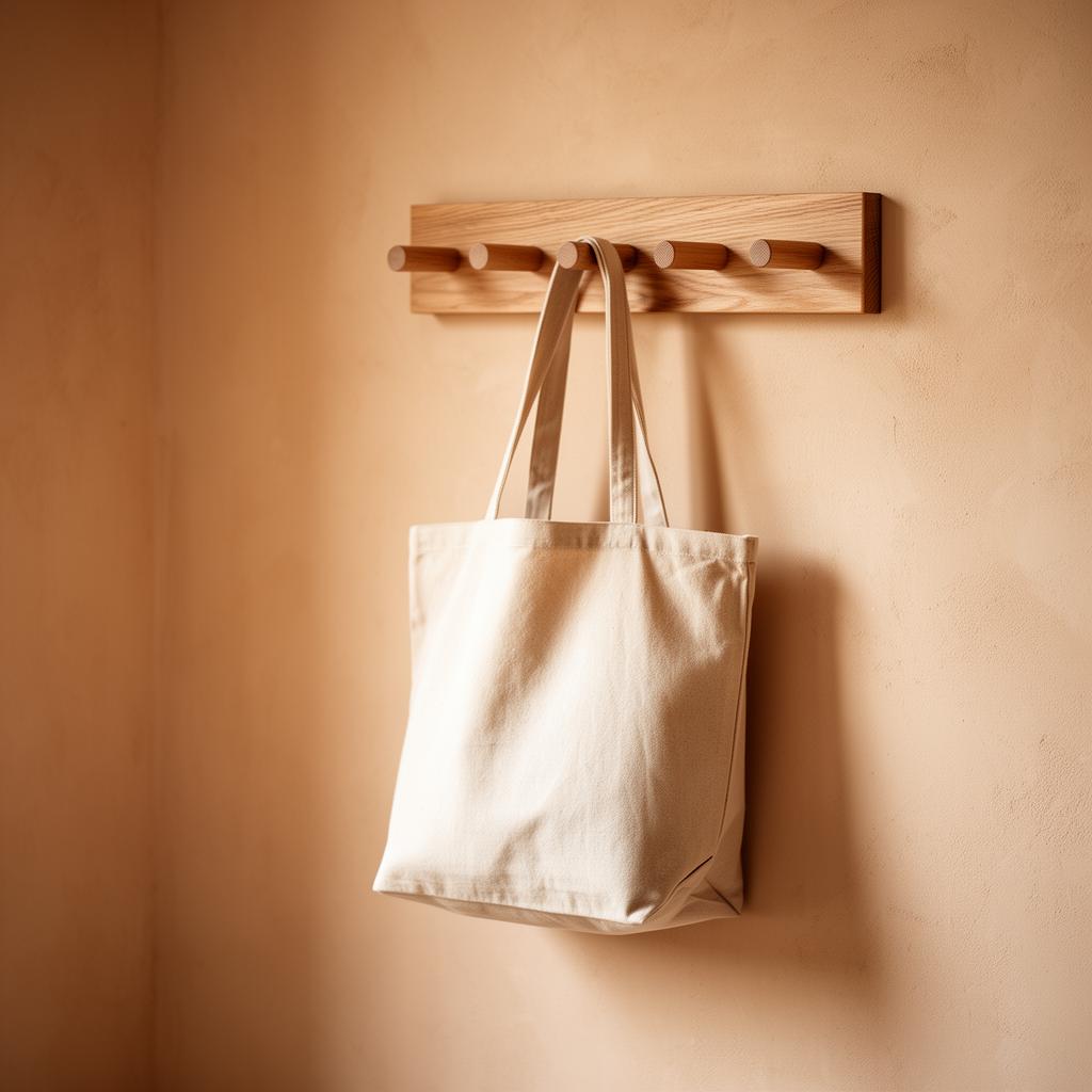 Oak tote peg shelf with a canvas bag on a warm plaster wall